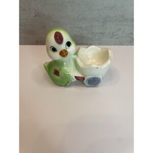 Vtg Ceramic Green Chick  With Cart Made In Japan Egg Holder